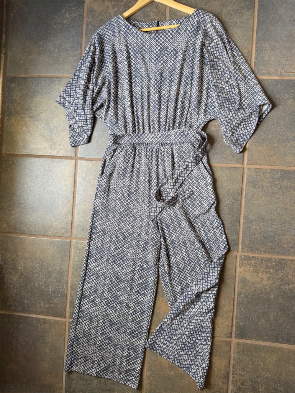 NEW Garnet Hill Prato Knit Jumpsuit Boat Neck Navy Kimono Sleeve Belt Stretch - Picture 12 of 16